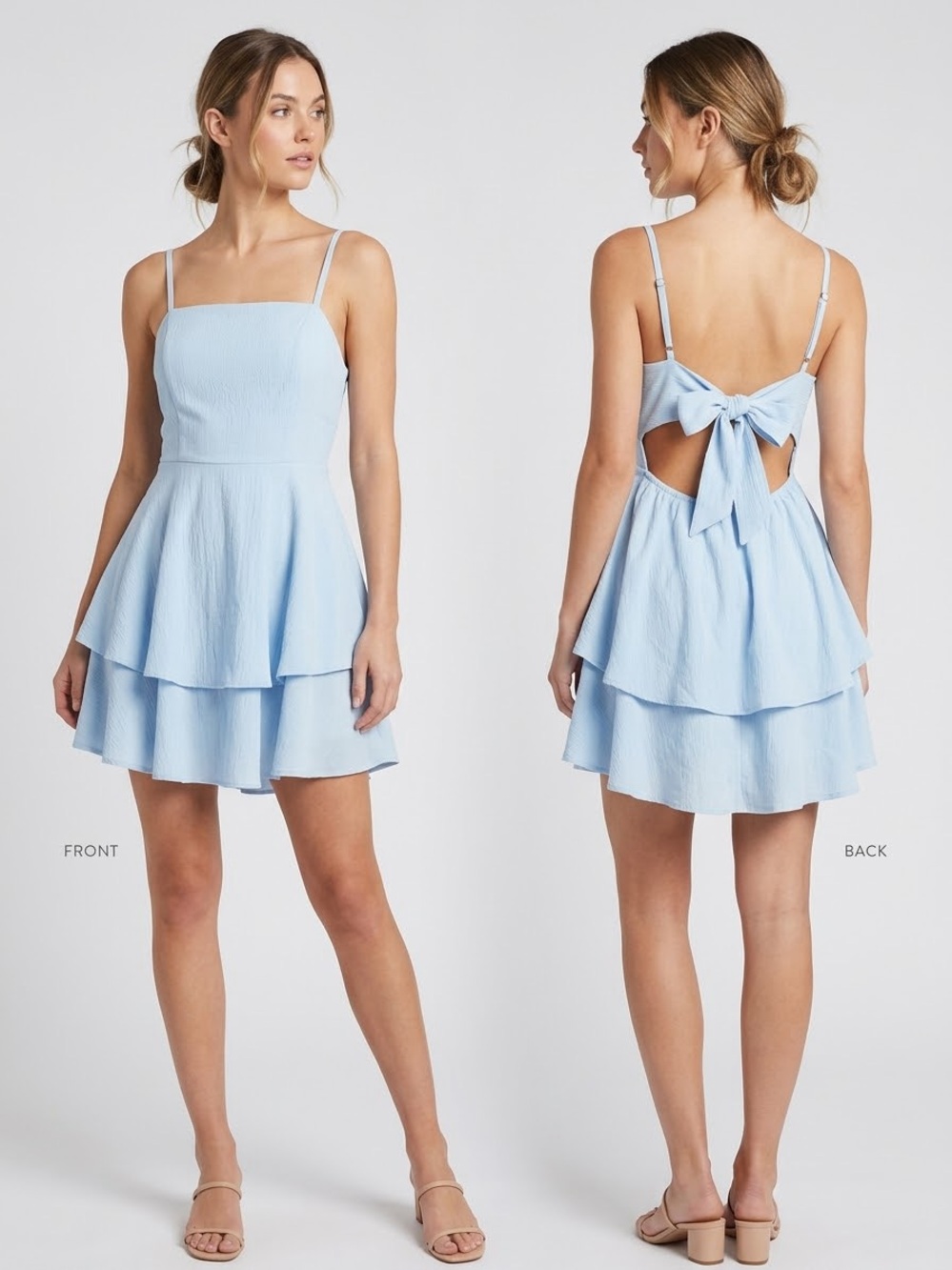 NWT Light Blue Mini Dress with Tiered Skirt and Tie Bow Back women’s size medium